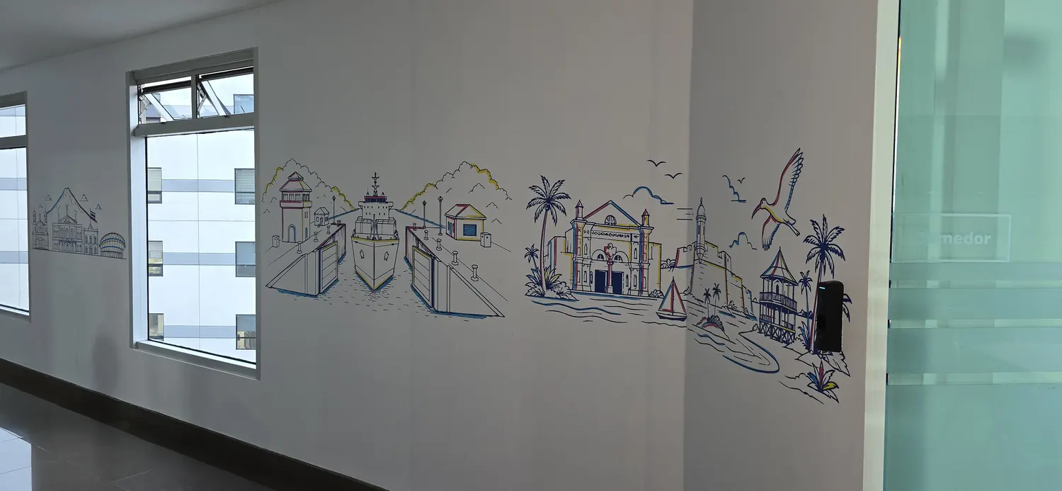 Mural ilustrado de hitos de la región en un pasillo corporativo